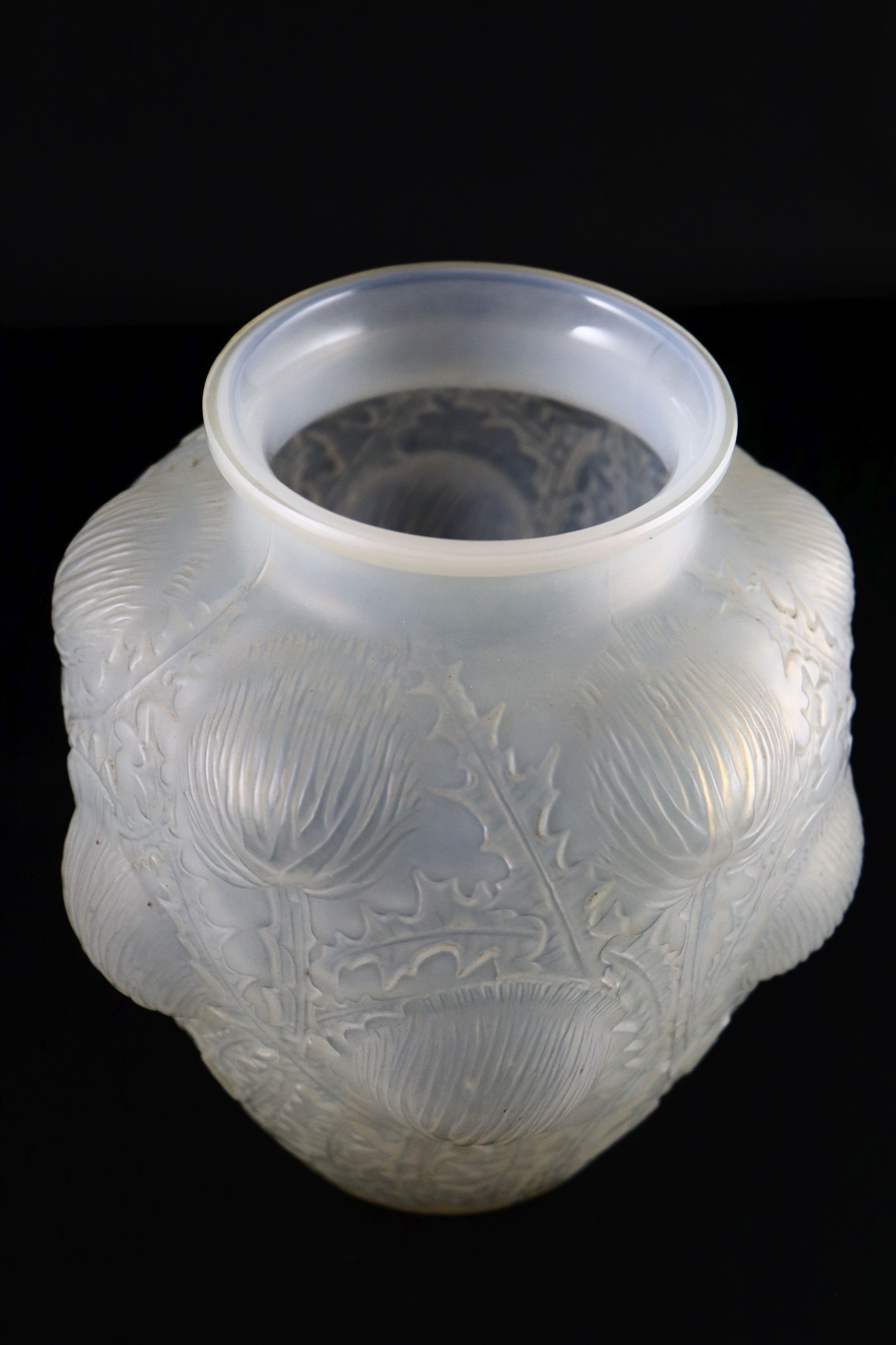 René Lalique. A pre-war pale opalescent and frosted glass Domremy pattern vase, no.979, designed in 1926, 21.5cm high